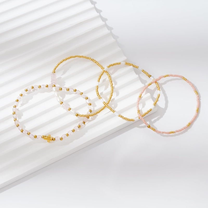 Pymach Store Dainty Gold Plated Pearl Crystal Beaded Bracelets Set for Women 14K Gold Plated Bead Pearl Beads Bracelet Stackable Paperclip Link Chain Bracelets Gold Plated Bracelets for Women Trendy Jewelry - Image 3